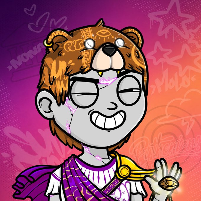 A colorful cartoon illustration of a gray-skinned character wearing a bear headdress and purple and white robes, smiling with eyes closed, set against a pink starry background.