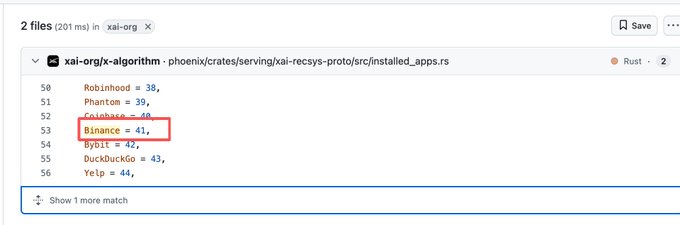 A GitHub code snippet from the 'xai-org/x-algorithm' repository showing Rust code with 'Binance = 41,' highlighted in a red box within a list of company indices.