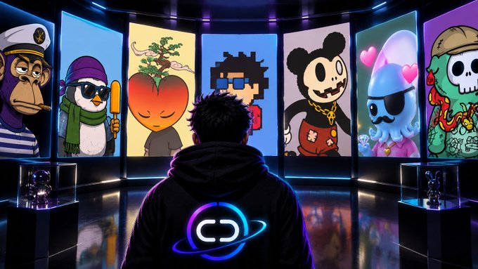 A person viewed from behind wearing a black hoodie with a glowing infinity-style logo stands in a futuristic room facing illuminated panels displaying NFT-style artwork of a pirate monkey, a penguin, a tomato-headed figure, a pixelated character, Mickey Mouse, an octopus pirate, and a skull character.
