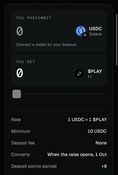 A cryptocurrency pre-commit interface showing USDC (Solana) deposits converting to $PLAY tokens at a 1:1 rate, with a minimum of 10 USDC and conversion scheduled for October 1.