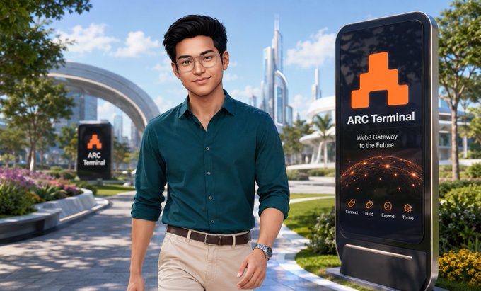A young man wearing glasses and a teal shirt stands next to a digital kiosk labeled 'ARC Terminal Web3 Gateway to the Future' in a modern outdoor setting.