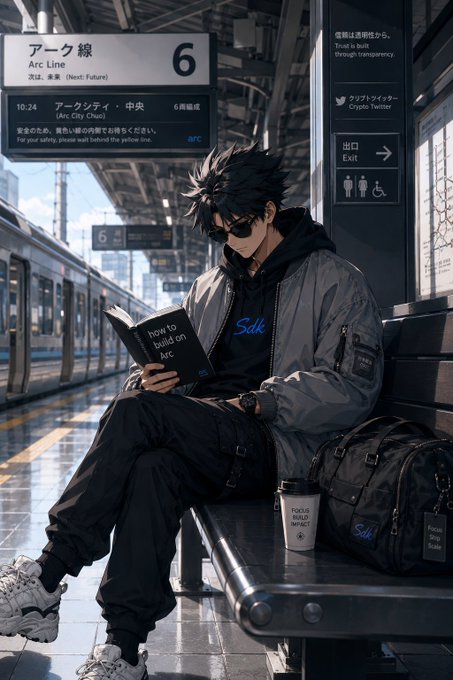 An anime-style illustration of a dark-haired man with sunglasses sitting on a bench at a train station, reading a book titled 'how to build on arc' with an 'Arc Line' sign visible above.