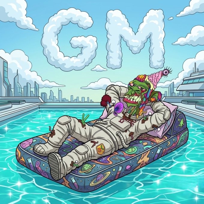 A cartoon zombie astronaut lounges on a galaxy-patterned inflatable raft in a rooftop pool, with clouds spelling "GM" in the sky above a futuristic skyline—perfectly matching the cheerful "GM frens, happy Friday" greeting.