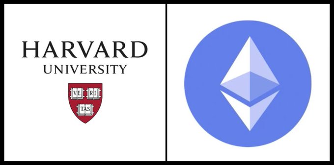 The image shows a comparison between Harvard University and Ethereum, with both logos displayed side by side. The Harvard logo is positioned above the Ethereum logo, which is located below the Harvard University logo. The Harvard logo is white, while the Ethereum logo is blue. Both logos are in a circular shape, and they appear to be floating on top of each other. The text "Harvard University" is written above the Harvard logo, and "ETH/BTC" is written below the Ethereum logo. The image also contains some numbers that seem to represent the positions of the two logos within the same quarter.
