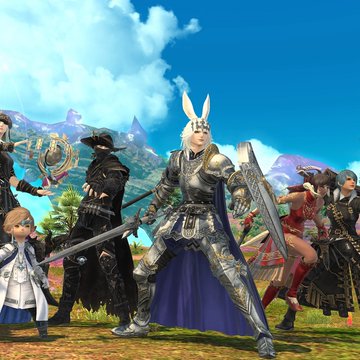 The image features a group of people dressed in medieval clothing, standing together against a backdrop of mountains under a blue sky with white clouds. One person in the group is holding a sword, while another has a shield. The text "is doge the new chocobo?" suggests that they are part of a game or an event where players dress up as characters from mythology and folklore to compete or cooperate.