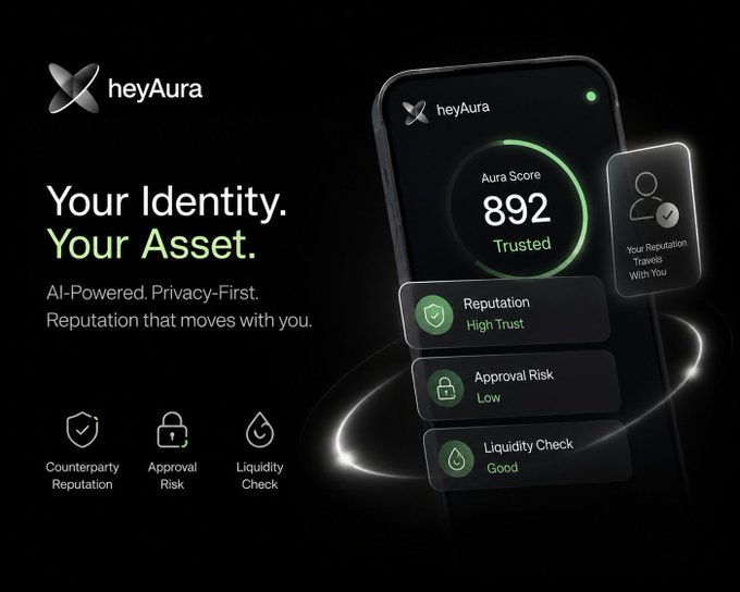 Promotional graphic for heyAura with the tagline 'Your Identity. Your Asset.' and 'AI-Powered. Privacy-First. Reputation that moves with you.', showing an Aura Score of 892 (Trusted) and metrics for Reputation, Approval Risk, and Liquidity Check.