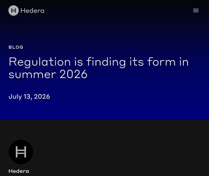 A blog post header from Hedera with the title 'Regulation is finding its form in summer 2026' dated July 13, 2026.