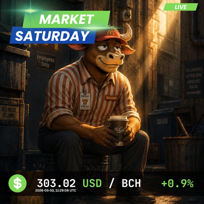 The image is an advertisement for Market Saturday featuring a cartoon character dressed as a hamburger with a red hat wearing suspenders. The cartoon character is holding a cup of coffee, which is part of a promotional deal that offers 30.02 US Dollars or 0.9% return on investment to BCH. Additional information provided in the image shows a milk crate behind the McDonald's and an anchor catching a sliver of sun above it.