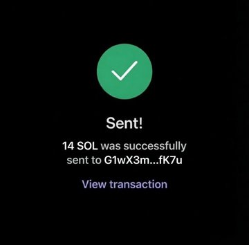 A successful transaction confirmation screen displaying "Sent!" with a green checkmark, indicating that 14 SOL was successfully sent to wallet address G1wX3m...fK7u, along with a "View transaction" link. The image relates to the post's request for Solana wallet addresses to receive a distribution, likely part of a giveaway where multiple recipients receive SOL.