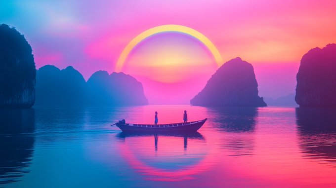 A dreamlike digital artwork featuring two silhouetted figures in a small boat floating on calm waters, framed by dramatic karst cliffs under a vibrant pink and magenta sky with a glowing rainbow arc. The image aligns with the post's "Pink Heaven" theme from a 16/9 collection, emphasizing a serene, otherworldly paradise rendered in bold neon hues.