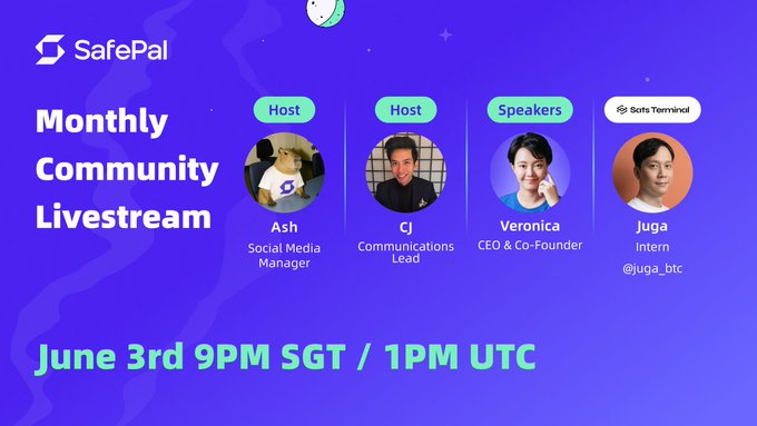 The image features a poster with four people's faces, each representing a different person who has contributed to a live streaming event. The poster also displays the text "Monthly Community Livestream" and "June 3rd 9pm SGT/PST", indicating that this is an ongoing event on June 3 at 9 PM in both the Eastern and Western time zones. The poster includes a list of speakers, including a CEO, a communications lead, and a founder who have participated in the live stream. Additionally, there are two special guest appearances: one person wearing a white shirt with blue writing and another person wearing an orange shirt with black writing.
