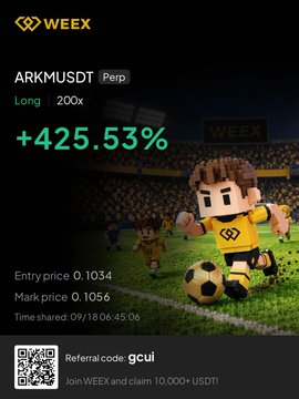 A WEEX cryptocurrency ad displays 'ARKMUSDT Perp' with a 200x long position showing +425.53% profit, with entry price 0.1034 and mark price 0.1056, and a referral code 'gcui' for 10,000+ USDT.