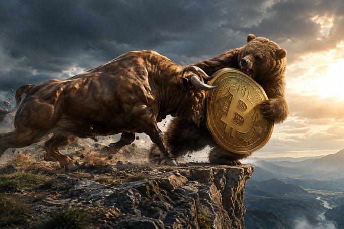 A dramatic digital artwork depicting a massive bull and bear fighting on a rocky cliff edge, with the bear holding a large golden Bitcoin coin, set against a stormy sky and mountain landscape.