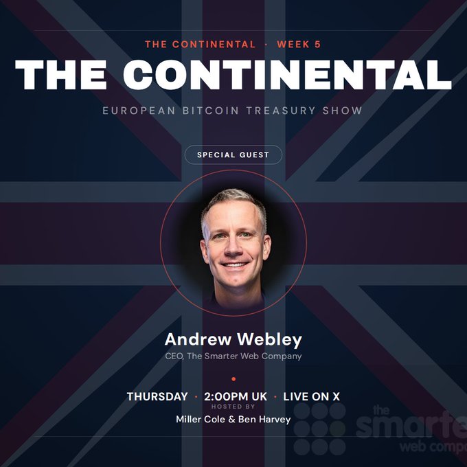 A promotional graphic for "The Continental: European Bitcoin Treasury Show" (Week 5), featuring Andrew Webley, CEO of The Smarter Web Company, as the special guest. The show airs Thursday at 2:00 PM UK time on X, hosted by Miller Cole and Ben Harvey, aligning with the post's announcement about discussing Bitcoin treasury analytics and Smarter Web's latest updates.