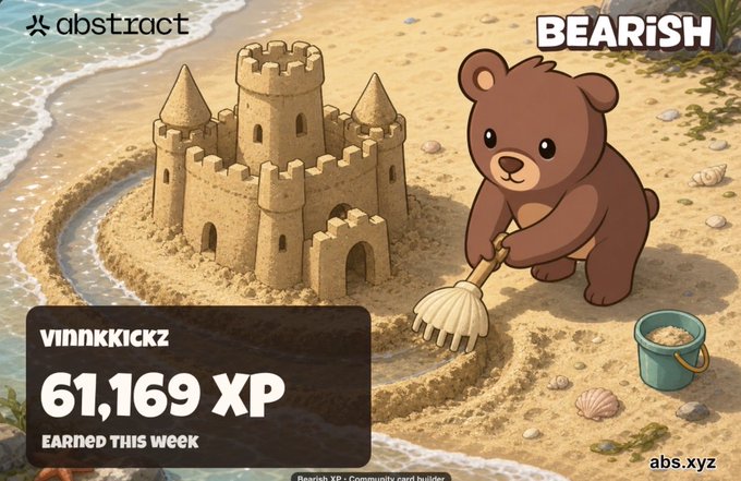 A promotional graphic titled "BEARISH" featuring a cute cartoon bear building a sandcastle on a beach, with text displaying "VINNKKICKZ 61,169 XP EARNED THIS WEEK" and "abs.xyz" branding.