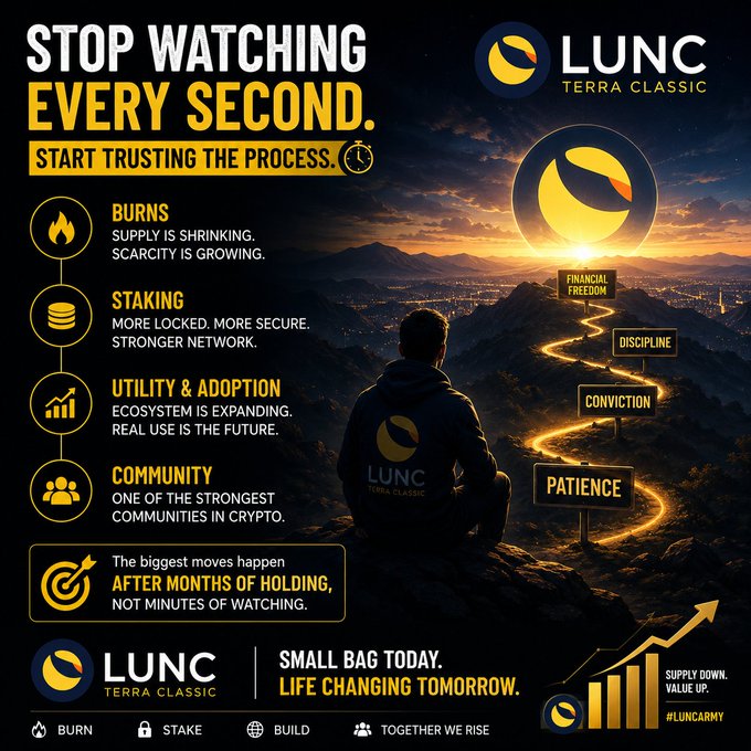 A promotional poster for 'LUNC TERRA CLASSIC' cryptocurrency featuring the text 'STOP WATCHING EVERY SECOND. START TRUSTING THE PROCESS' and listing Burns, Staking, Utility & Adoption, and Community.