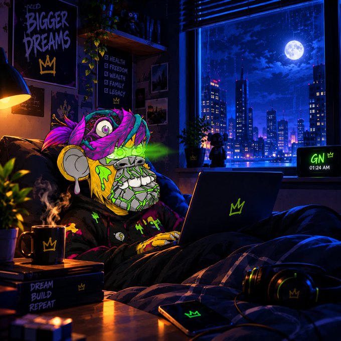 A vibrant digital illustration of a cartoon zombie-like character with green eyes and colorful bandana working on a laptop in a bedroom, with motivational posters reading 'DREAM BIGGER DREAMS', 'HEALTH/FREEDOM/WEALTH/FAMILY/LEGACY', 'DREAM BUILD REPEAT', and a 'GN' display showing 01:24 AM.