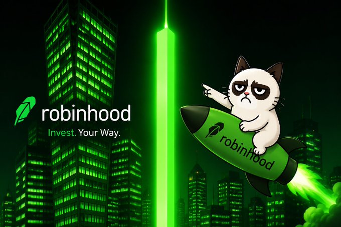 A promotional graphic for Robinhood featuring its logo and tagline 'Invest. Your Way.' alongside a cartoon Grumpy Cat riding a green rocket through a neon-lit cityscape.