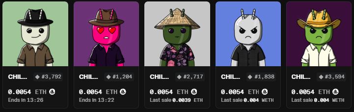 Five NFT avatars from the 'Chill' collection displayed on a marketplace, showing various character designs with prices around 0.0054 ETH.