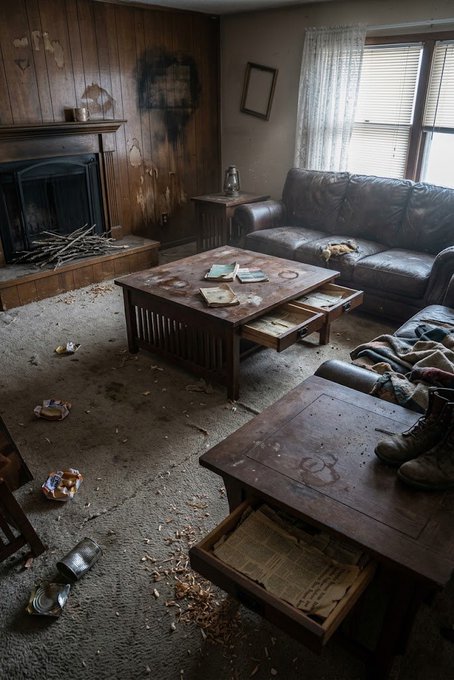 An abandoned, decaying living room with a fireplace, scattered debris, an overturned coffee table, and a dirty couch. The room shows signs of fire damage and neglect, with a bottle, papers, and debris scattered across the floor.