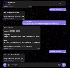 Telegram chat screenshot titled 'MoonOwl' showing messages about a 'LIVE SWAP SUBMITTED' and 'Token Transfer' of 1.00 USDC for 6.0633 SCC.