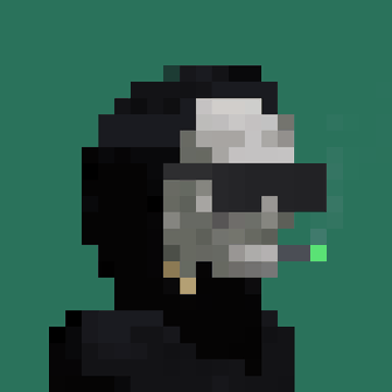 A pixel art illustration of a person wearing a gray skull mask and dark hooded clothing, with a small green detail visible.