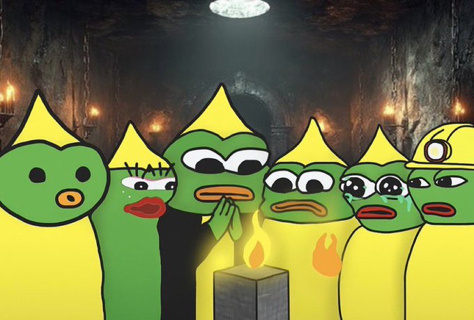 A digital illustration shows several Pepe the Frog characters with varying facial expressions gathered in a dim, candlelit stone chamber around a glowing candle, appearing to mourn.