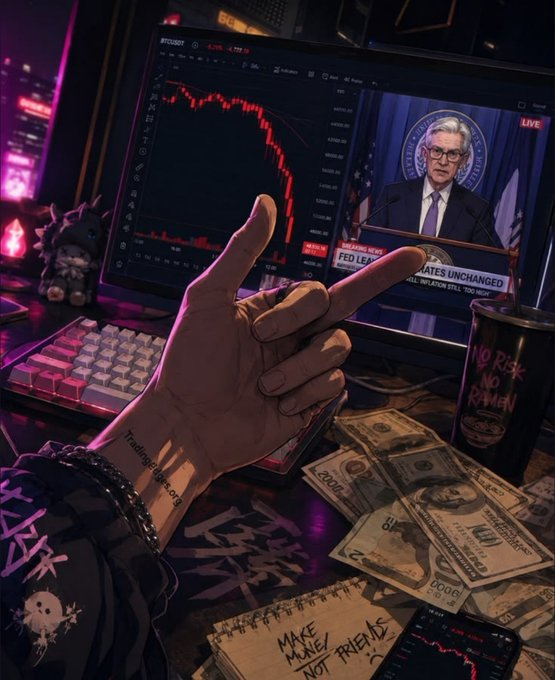A first-person view of a trader's desk shows a hand making a "money" gesture over a keyboard, with a monitor displaying a plunging BTC chart and a Fed news broadcast where Powell states "RATES UNCHANGED." Scattered $100 bills, a "NO RISK NO RAMEN" cup, and a notepad reading "MAKE MONEY NOT FRIENDS" capture the cutthroat, high-stakes crypto trading mindset behind the post.