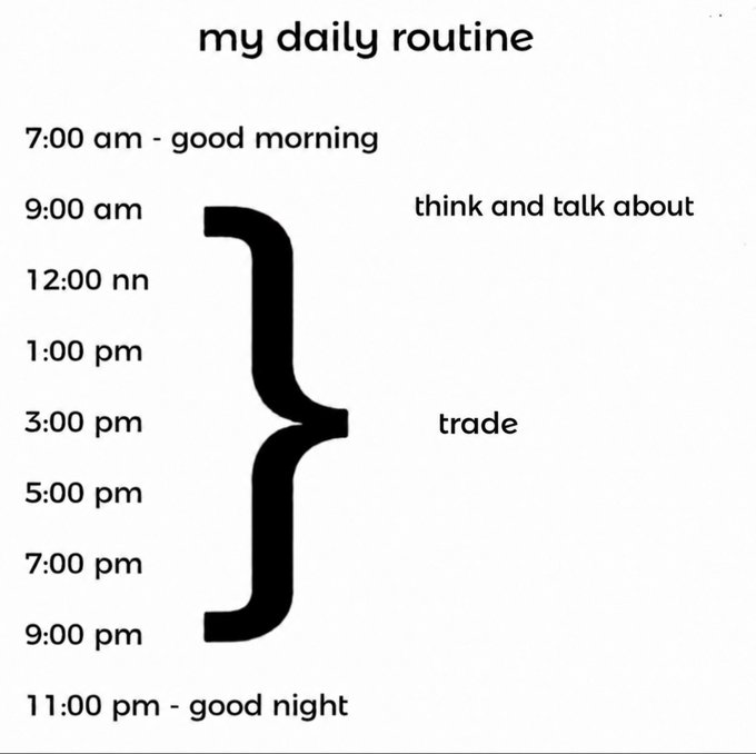 A humorous meme titled 'my daily routine' listing times from 7:00 am to 11:00 pm, where every hour except the start and end is grouped by a bracket labeled 'think and talk about trade'.