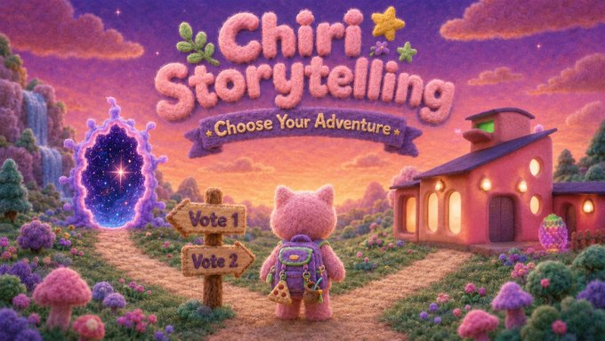 A whimsical fantasy illustration featuring a pink bear with a backpack standing at a crossroads with 'Vote 1' and 'Vote 2' signposts, beneath a title reading 'Chiri Storytelling: Choose Your Adventure' set against a colorful sky with a portal and cottage.