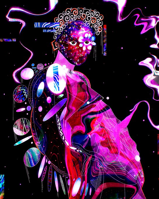 A vibrant, psychedelic digital artwork featuring a stylized figure with a face made of colorful patterns, surrounded by swirling pink neon shapes and floating planets against a black background.