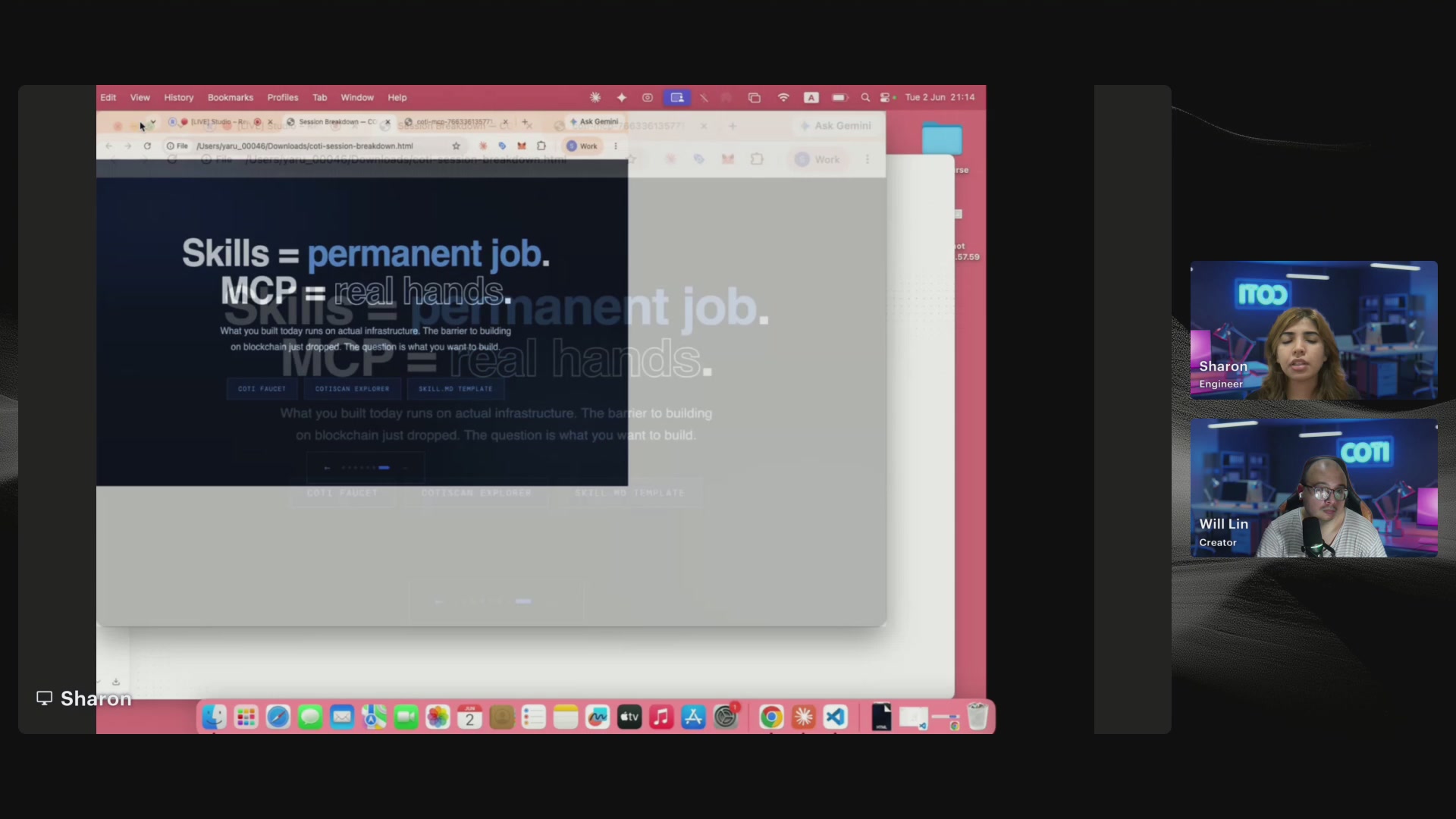 The image shows a computer screen with two people sitting behind it, one of whom appears to be speaking into a microphone. The background features a black screen displaying text related to setting up COTI Agent skills and natively using MCP.