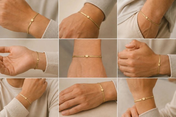 The image shows nine panels of wrists modeling a delicate gold chain bracelet with a small central charm, worn against neutral cream-colored sleeves in various poses. This relates to the post by showcasing the initial prototypes of the zksecurity logo—likely featuring a "zk" charm—worn as a piece of jewelry, demonstrating the design on different wrist sizes and angles.