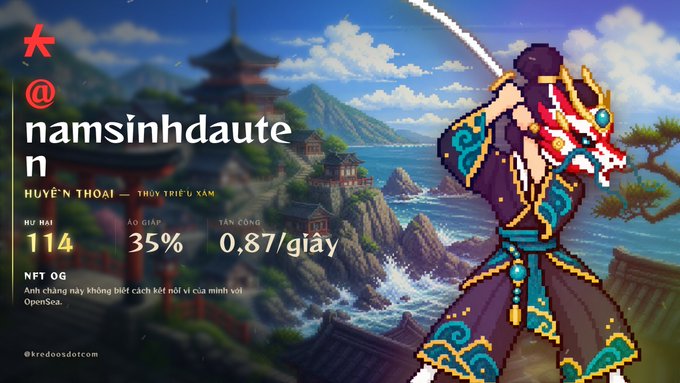 A pixel art character card for 'namsỉnhdauten' (Huyền Thoại — Thủy Triều Lam), showing stats of 114 HP, 35% accuracy, and 0.87/second attack, set against a coastal pagoda landscape.