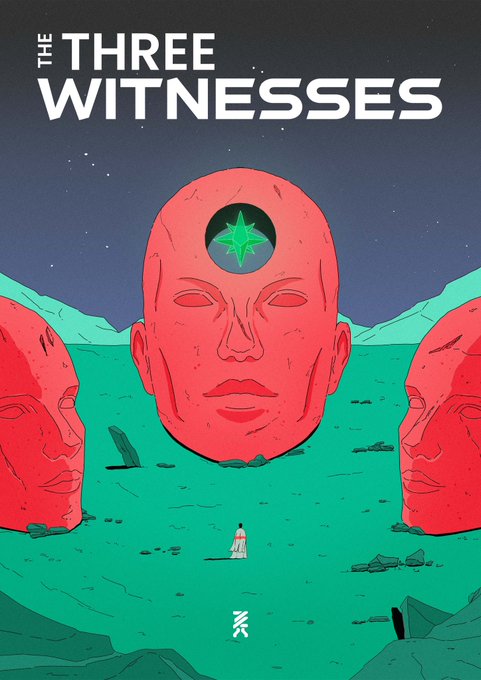 Promotional artwork for 'THE THREE WITNESSES' featuring three large red stone heads in a green landscape, with a small figure standing before them and a green star on the central head's forehead.