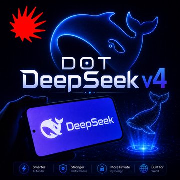 A promotional graphic for 'DOT DeepSeek v4' featuring a blue whale logo, a phone displaying 'DeepSeek', and tags like 'Smarter AI Model' and 'Stronger Performance'.
