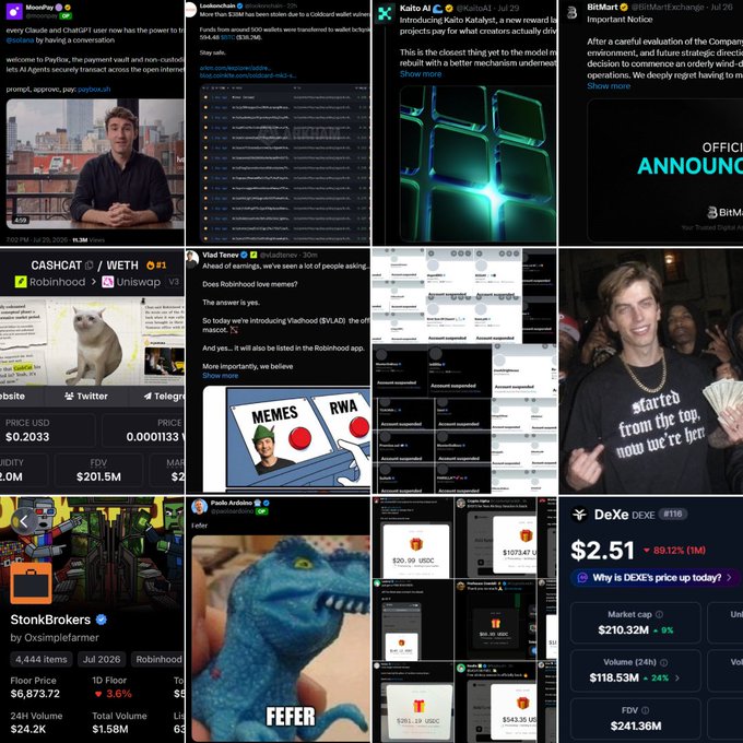 A collage of various crypto and finance-related social media posts and screenshots featuring names like MoonPay, Lookonchain, Kaito AI, BitMart, Vlad Tenev, and DeXe DEX with token prices and announcements.