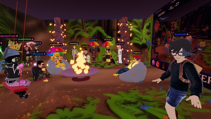 A 3D virtual world scene shows multiple anime-styled avatars gathered around a campfire in a forested area, with usernames like 'ImpressTrash', 'InvaderZemi', 'Ducky', and 'Freedom' floating above them.