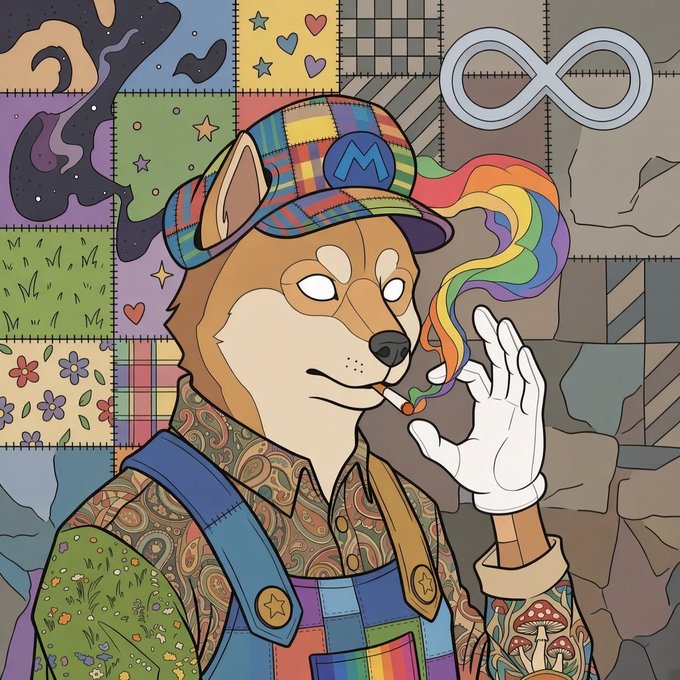 A colorful cartoon-style illustration of a Shiba Inu dog wearing a plaid cap with an 'M' logo, smoking a joint with rainbow smoke, set against a patchwork background featuring an infinity symbol.