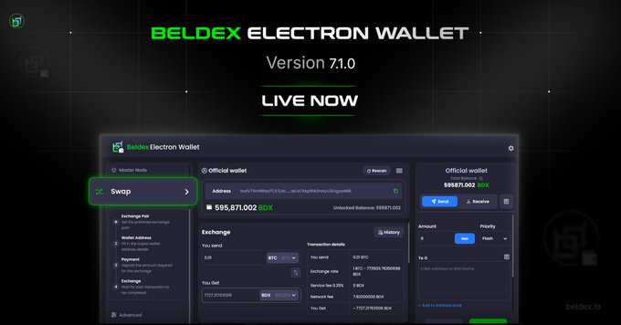 A promotional graphic for 'BELDEX ELECTRON WALLET Version 7.1.0' showing the wallet interface with a balance of 595,871.002 BDX and various features highlighted.