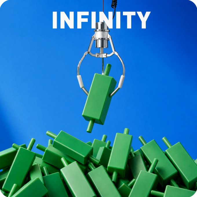 A robotic claw hovers above a pile of green blocks against a blue background, with the word "INFINITY" displayed prominently at the top—evoking a claw machine game where the post playfully challenges someone to grab green.