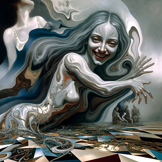 A surreal, liquid‑form woman with a wide smile dominates the scene, her flowing body and hair merging into a melting, geometric floor that visualizes the “Smiling Current” and “Dream Logic” described in the post. The work remains “still listed at 2.00 ꜩ,” as the day fades into this dreamlike moment.
