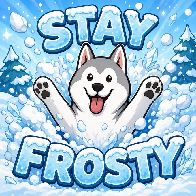 A cartoon husky dog with paws raised emerges from snow and ice, surrounded by the icy-textured text "STAY FROSTY."