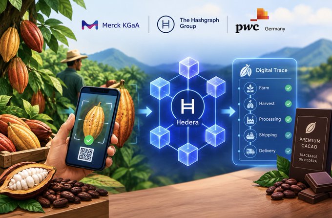 A promotional graphic showing partners Merck KGaA, The Hashgraph Group, and PwC Germany, illustrating a Hedera blockchain-based "Digital Trace" for premium cacao from farm to delivery.