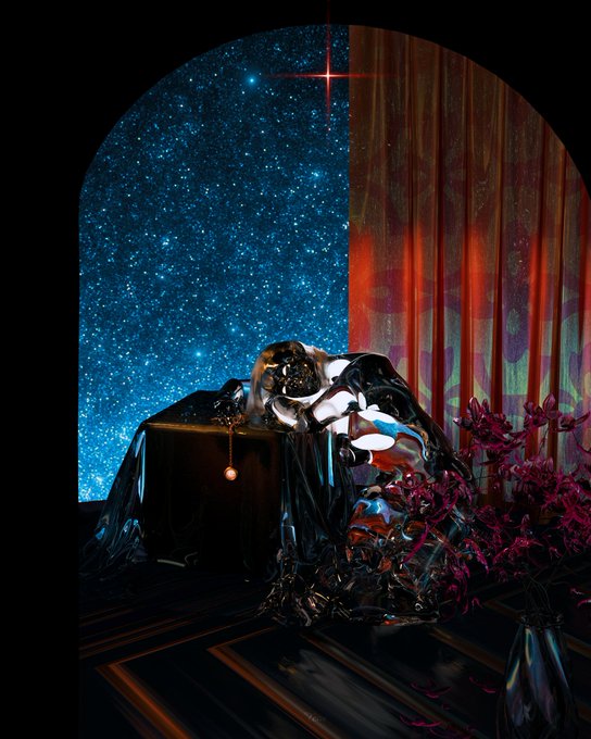 A figure rests on a metallic-covered table beneath a starry arched window, with red curtains and pink orchids framing the surreal scene. The dreamlike, melancholic atmosphere of the artwork mirrors the title "Forlorn," evoking a sense of solitude fitting for the piece listed at 300 XTZ on objkt.com.