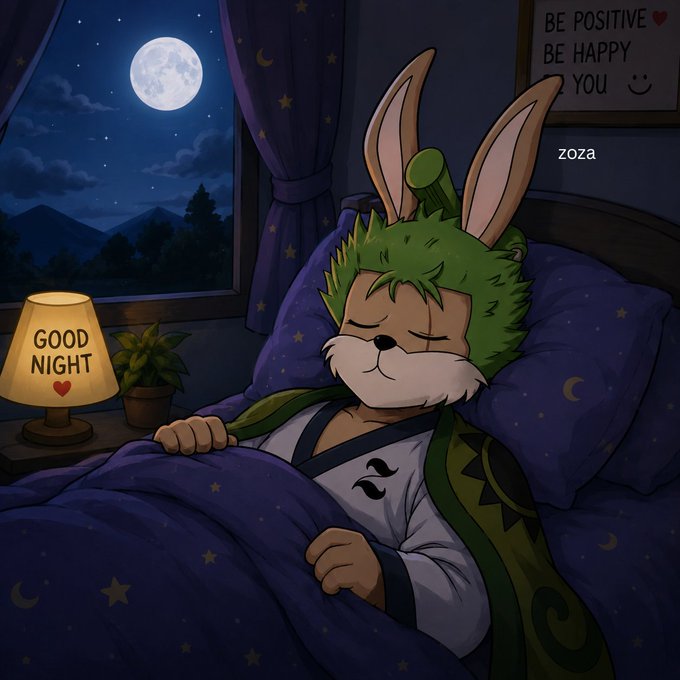 The image features a cartoon rabbit wearing a green outfit, lying down on a bed next to a nightstand that has a lamp on top of it. The rabbit appears to be sleeping peacefully under a blue comforter with stars on it. In the background, there is a window and a mountain visible through the curtains.

The post reads: "GN X builders Today your mission done? See you tomorrow with @base". This message seems to be related to the cartoon rabbit in the image, possibly indicating that the rabbit has completed its daily tasks or chores and is ready for bedtime.