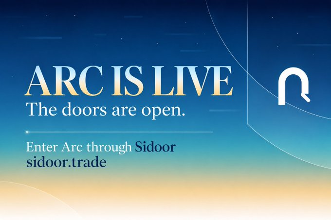 The image features a promotional graphic with a blue-to-gold gradient background displaying the text "ARC IS LIVE - The doors are open. Enter Arc through Sidoor - sidoor.trade," accompanied by a stylized arch/portal logo on the right side.