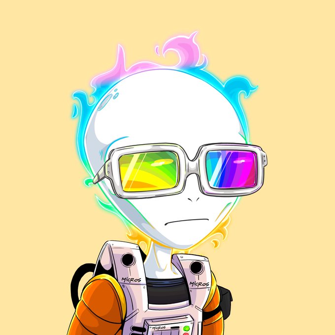 An illustration of a pale, stylized astronaut character with flame-like multicolored hair, wearing oversized colorful sunglasses and an orange spacesuit with 'Micro' labels visible on the equipment.