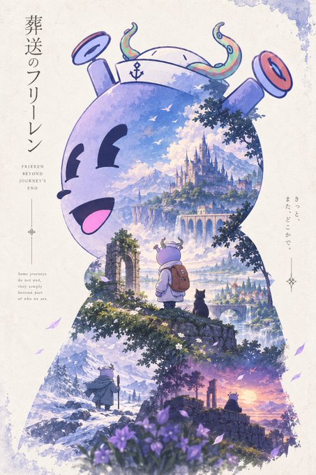An anime-style illustration features a large skull-shaped silhouette filled with a fantasy landscape, with Japanese text and the English title 'FRIEREN BEYOND JOURNEY'S END' visible.