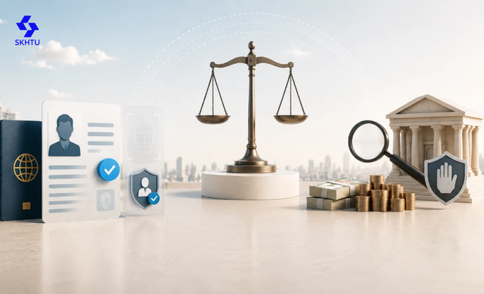 The image displays a conceptual graphic featuring a passport with user ID verification, a balance scale of justice, a classical courthouse building, gold coins, and a magnifying glass examining a shield, all symbolizing regulatory oversight and compliance in finance. The "SKHTU" logo is visible in the top left corner, reinforcing the image's connection to the post about SKHTU Exchange's compliance system positioning it for long-term competitiveness amid evolving crypto regulations.